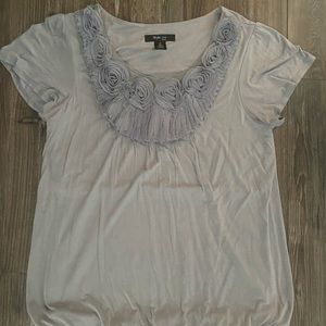 Unique floral gauze appliqué short sleeved top - evening daytime - pleated front